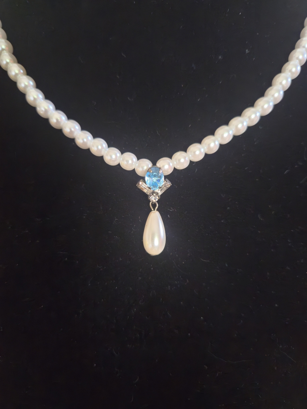 Vintage Necklace w/Pearl Drop, Faux Marquise Blue Topaz. 17"